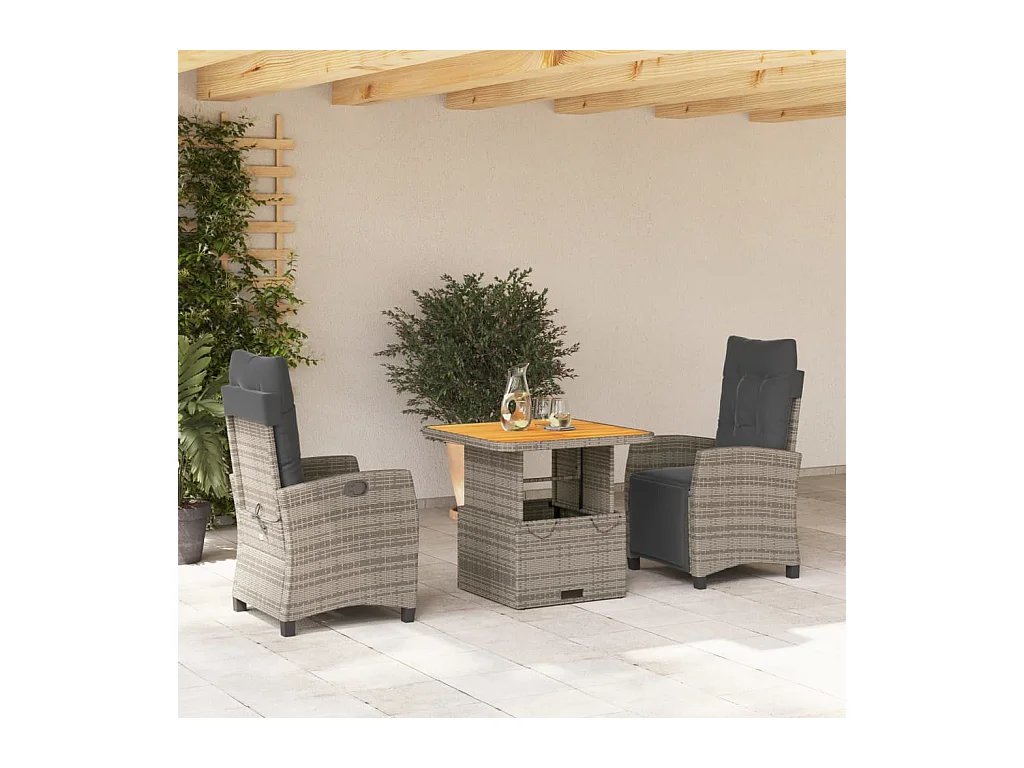 3 pcs conjunto de jantar p/ jardim c/ almofadões vime PE cinza