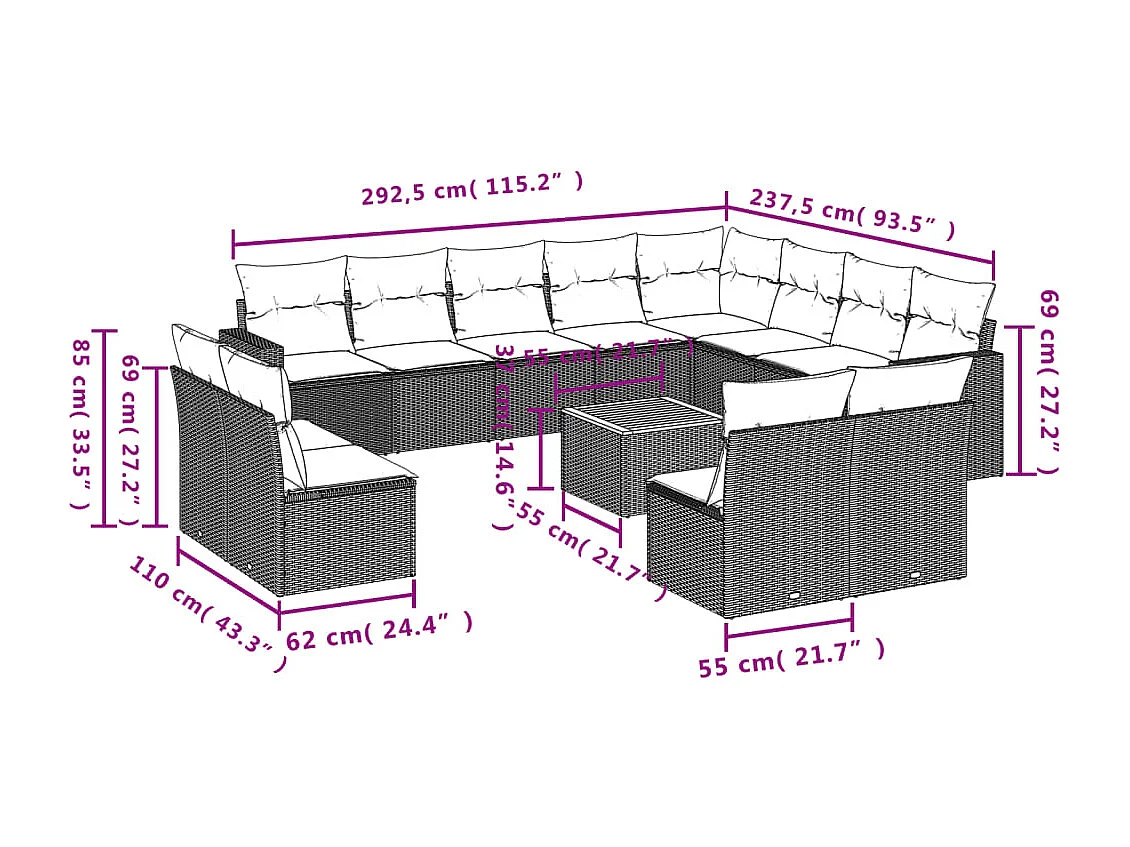 Salon de jardin avec coussins 13 pcs beige résine tressée
