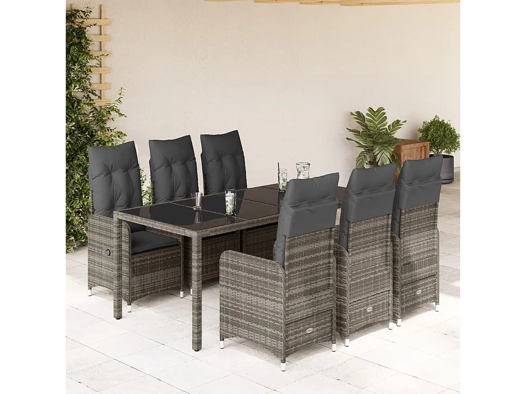 7 pcs conjunto bistrô de jardim c/ almofadões vime PE cinza