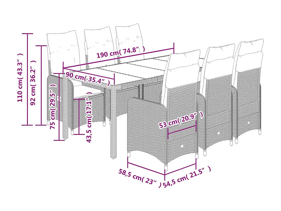 7 pcs conjunto bistrô de jardim c/ almofadões vime PE cinza