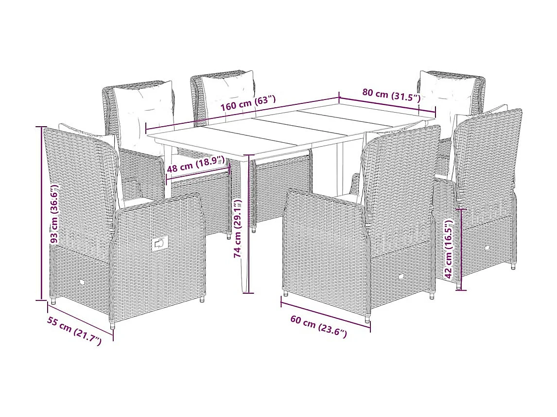 Ensemble à manger de jardin et coussins 7 pcs gris rotin