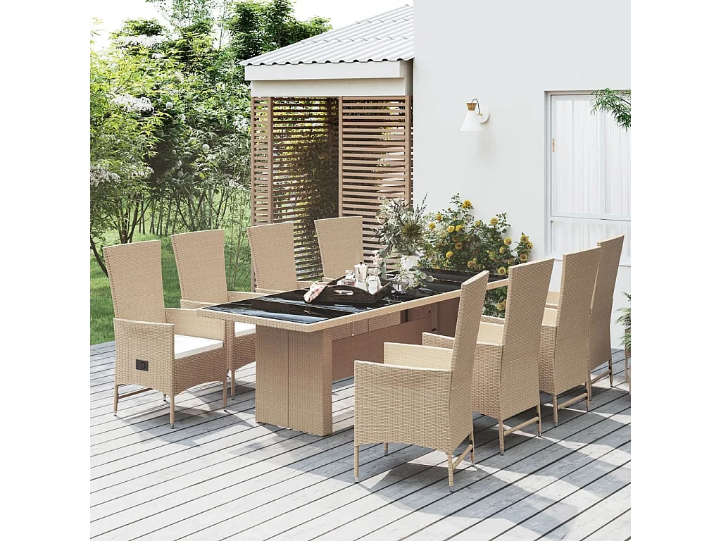 Set comedor de jardín 9 pzas con cojines ratán sintético beige