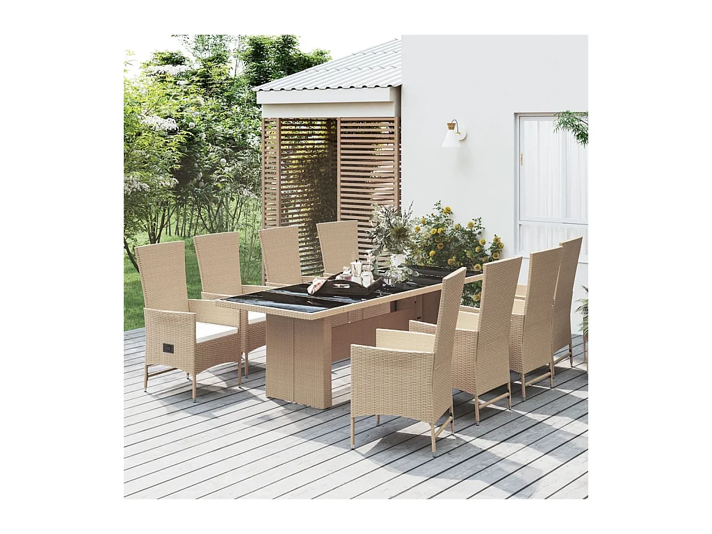 Ensemble à manger de jardin et coussins 9 pcs beige Poly rotin
