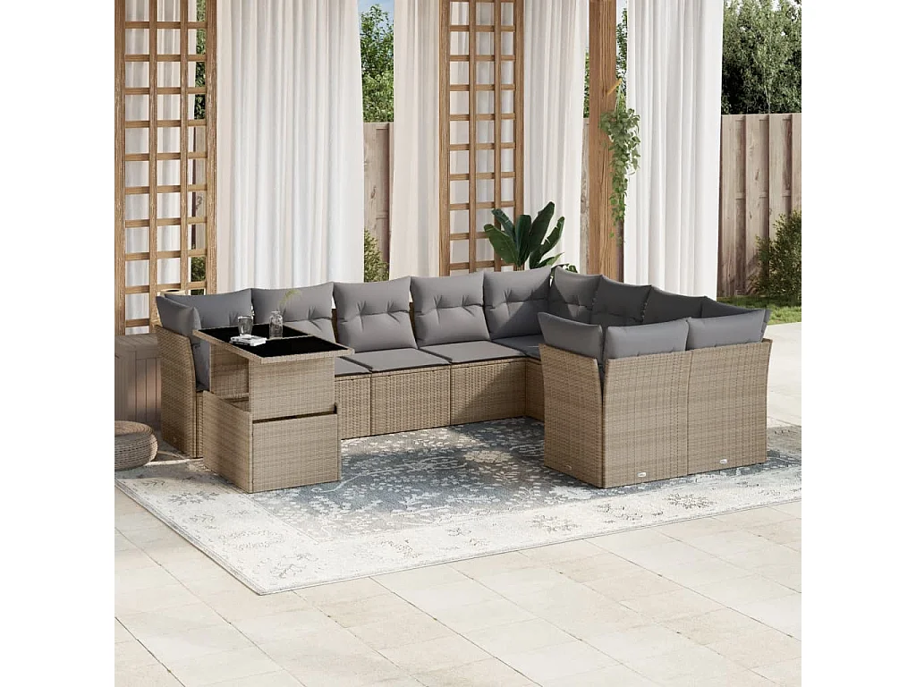 Salon de jardin avec coussins 10 pcs beige résine tressée