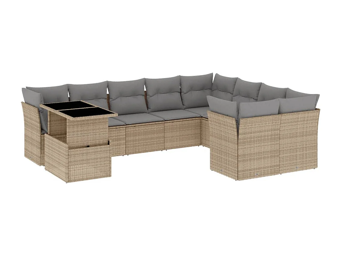 Salon de jardin avec coussins 10 pcs beige résine tressée