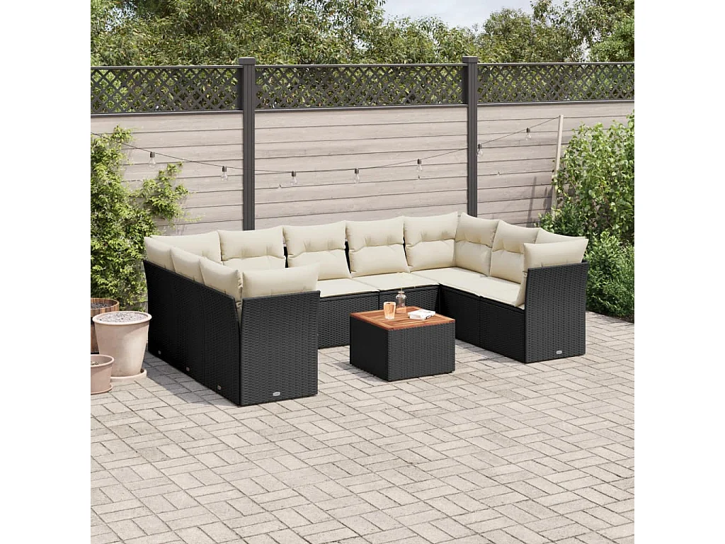 10-delige Loungeset met kussens poly rattan zwart