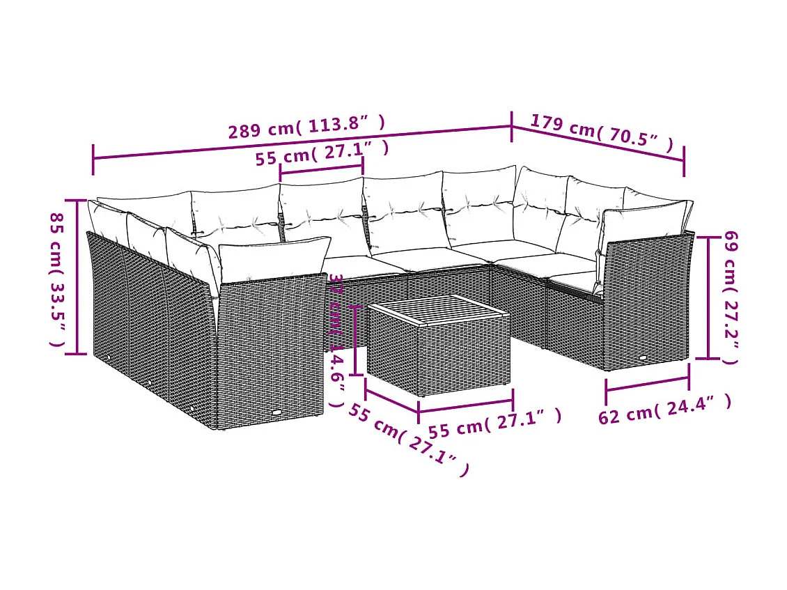 10-delige Loungeset met kussens poly rattan zwart