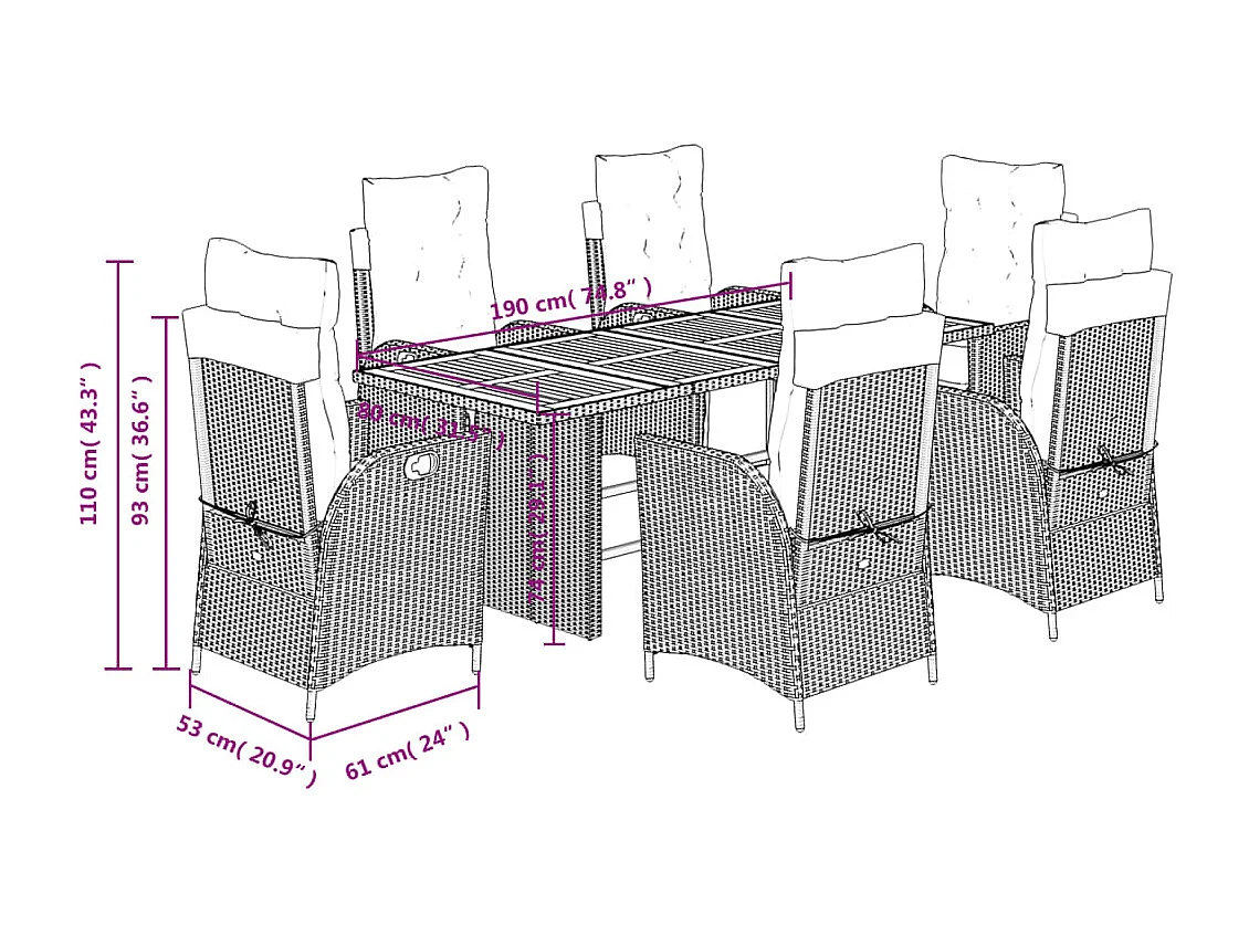 Set da Pranzo da Giardino 7 pz Nero con Cuscini in Polyrattan