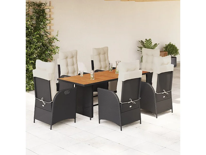 7-tlg. Garten-Essgruppe mit Kissen Schwarz Poly Rattan