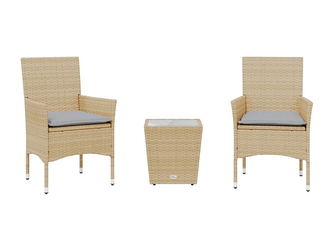 3 pcs conjunto de bistrô com almofadões vime PE/vidro bege