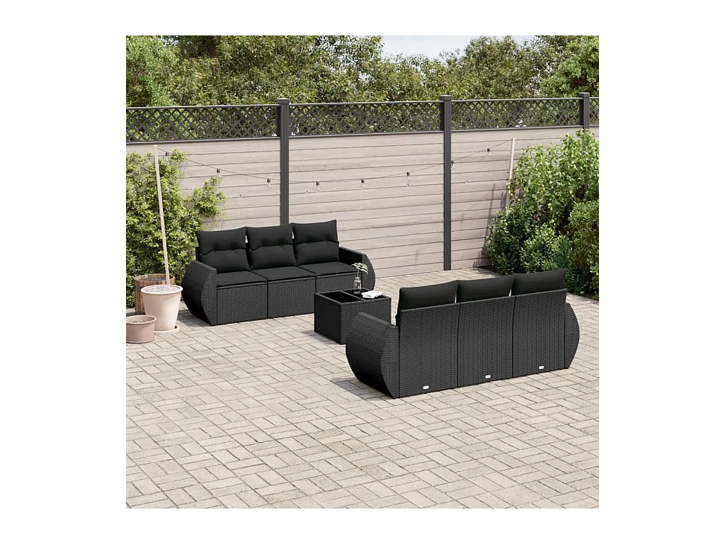 7 pcs conjunto de sofás p/ jardim c/ almofadões vime PE preto