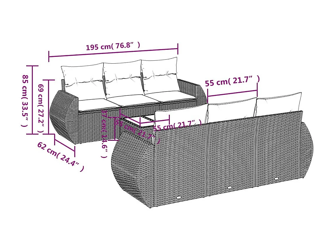 Set de comedor de jardín 7 pzas y cojines ratán sintético negro