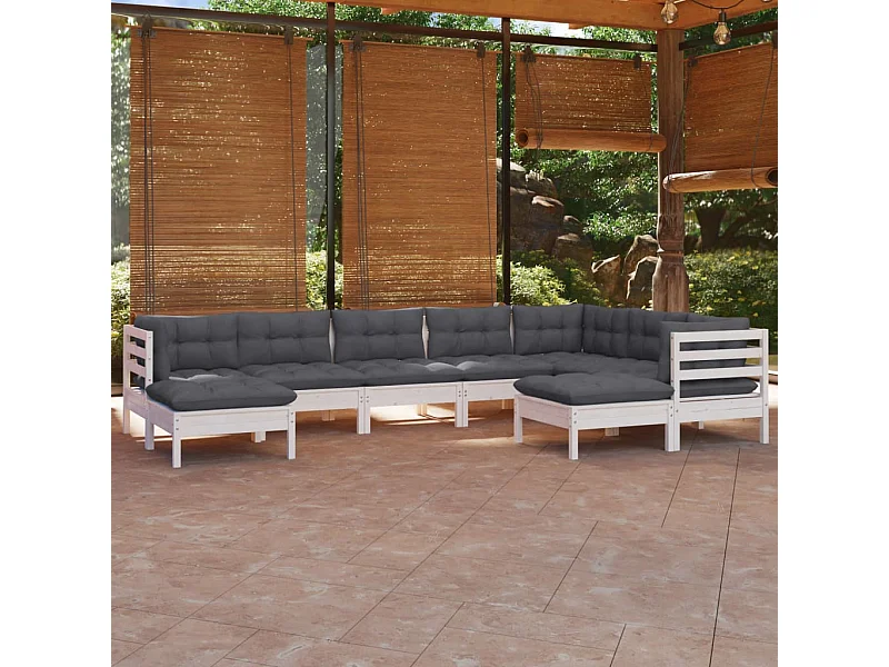 Salon de jardin 9 pcs avec coussins blanc bois de pin massif