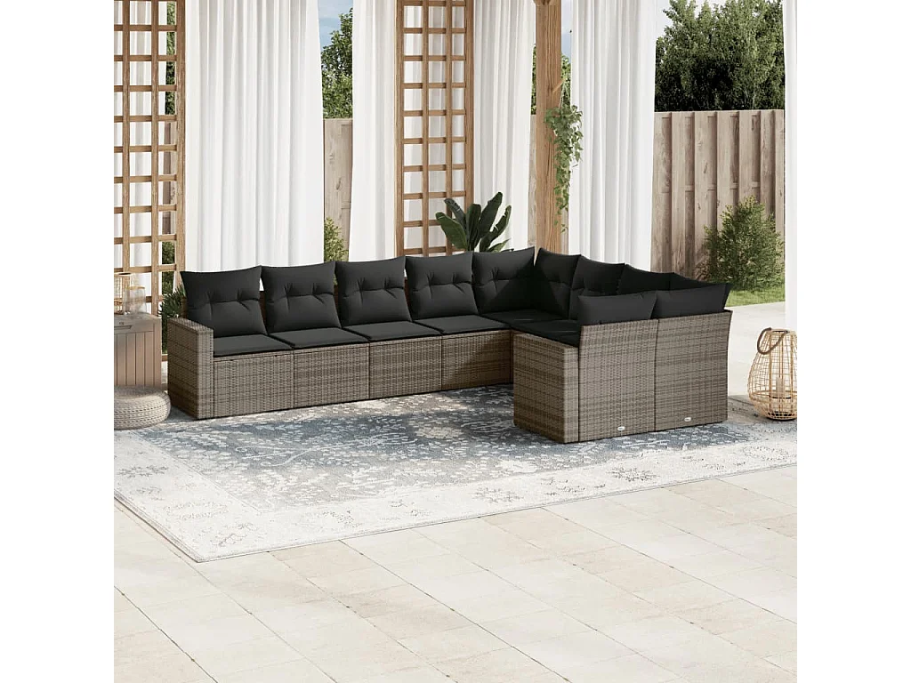 9 pcs conjunto sofás p/ jardim com almofadões vime PE cinzento