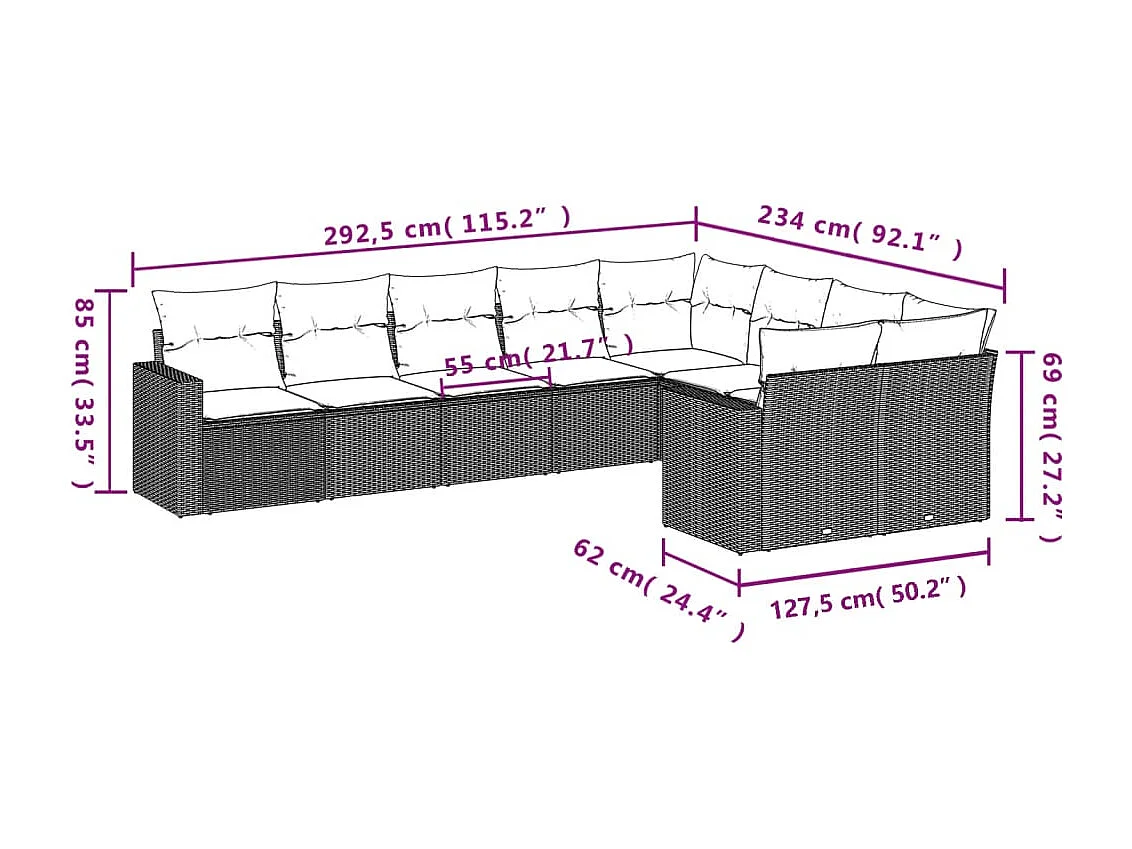 9 pcs conjunto sofás p/ jardim com almofadões vime PE cinzento