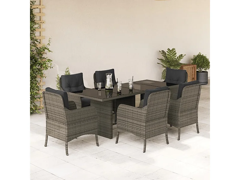 Set da Pranzo da Giardino 7 pz con Cuscini in Polyrattan Grigio
