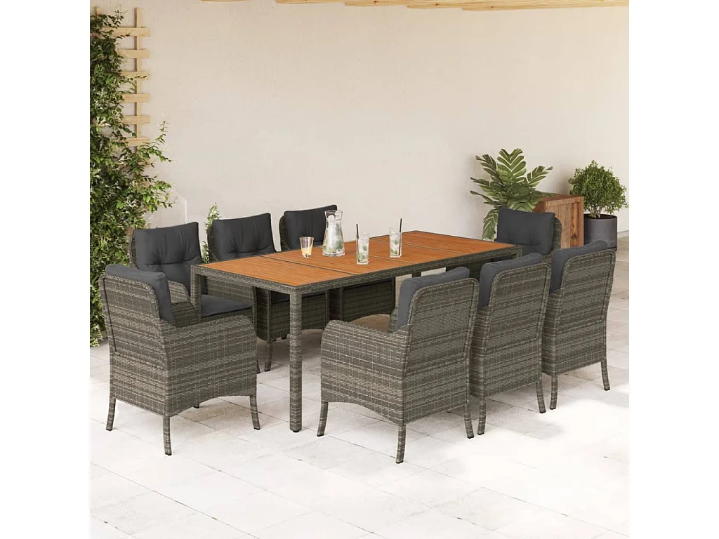 Set da Pranzo da Giardino 9 pz con Cuscini in Polyrattan Grigio