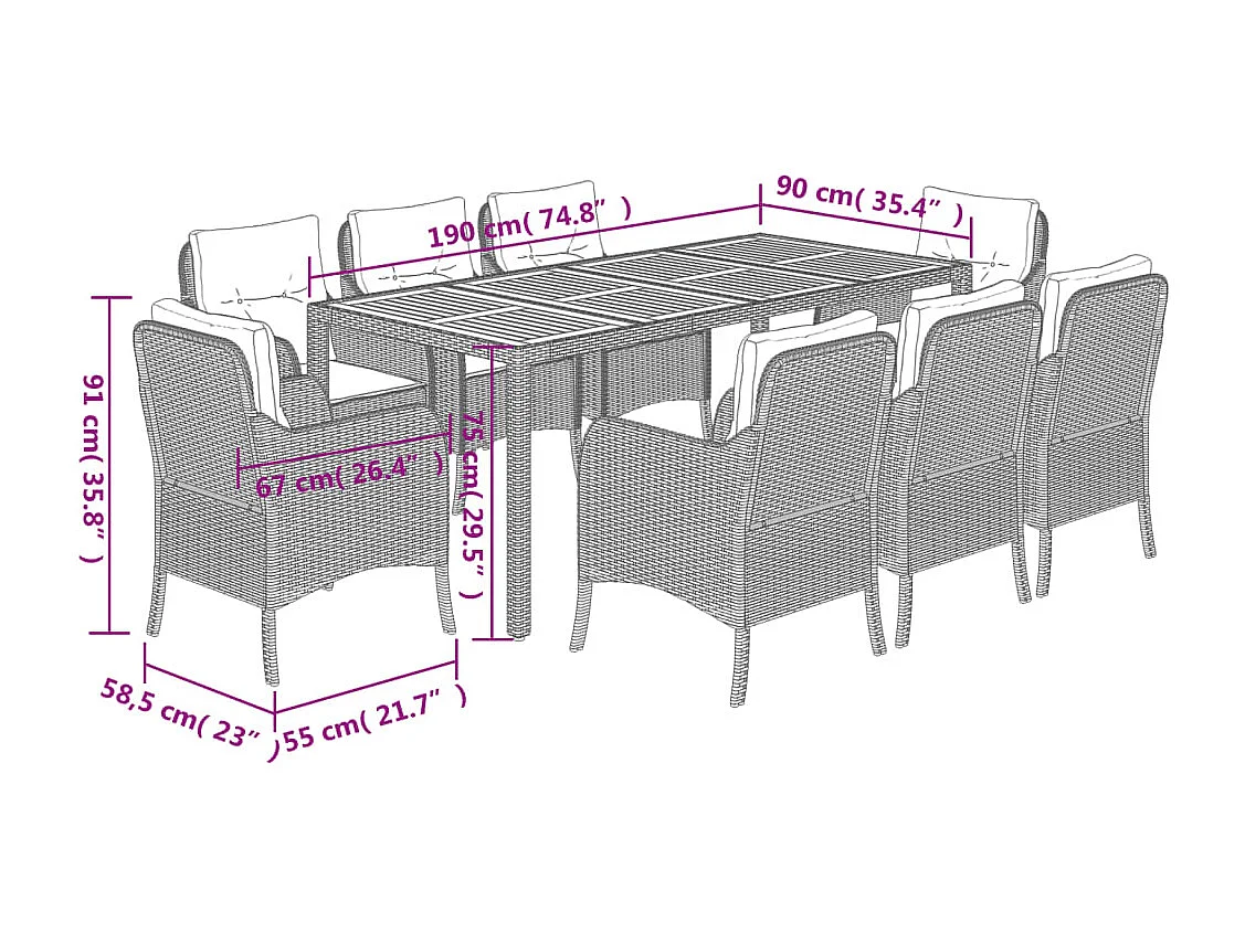 9 pcs conjunto de jantar p/ jardim c/ almofadões vime PE cinza