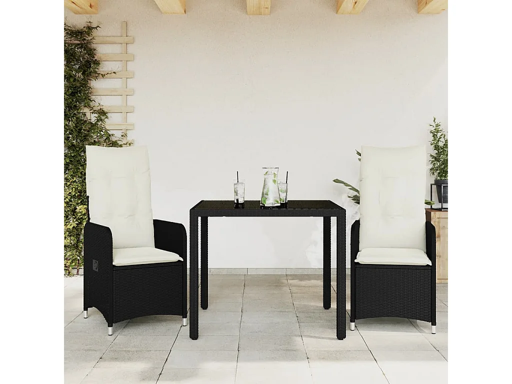 Ensemble de bistro de jardin 3 pcs coussins noir poly rotin