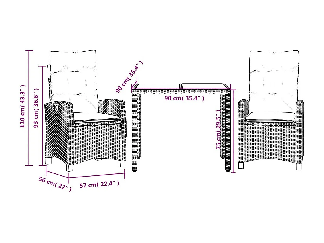 3-tlg. Garten-Essgruppe mit Kissen Schwarz Poly Rattan