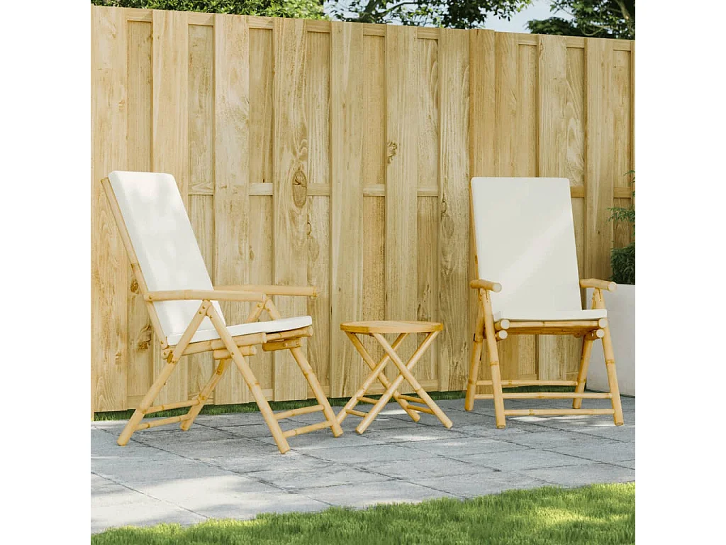 Ensemble de bistro pliante 3 pcs et coussins blanc crème bambou