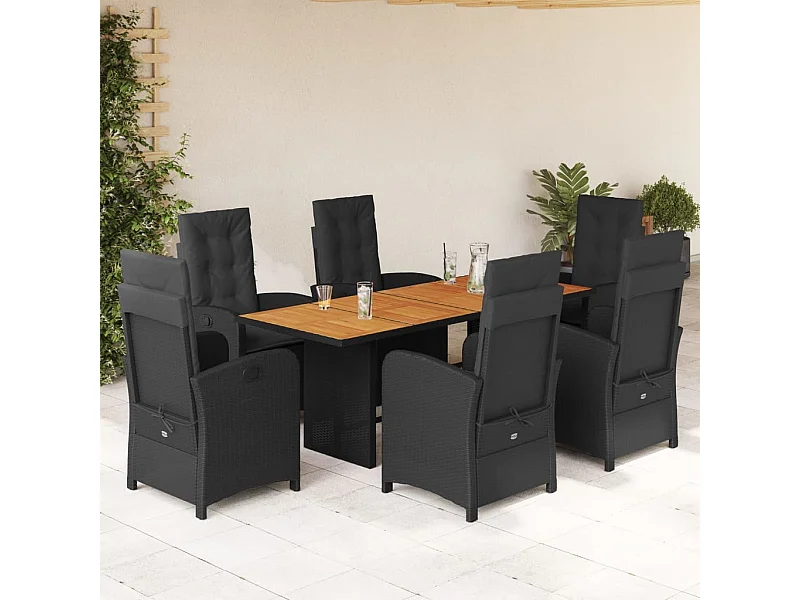 Set da Pranzo da Giardino 7 pz Nero con Cuscini in Polyrattan