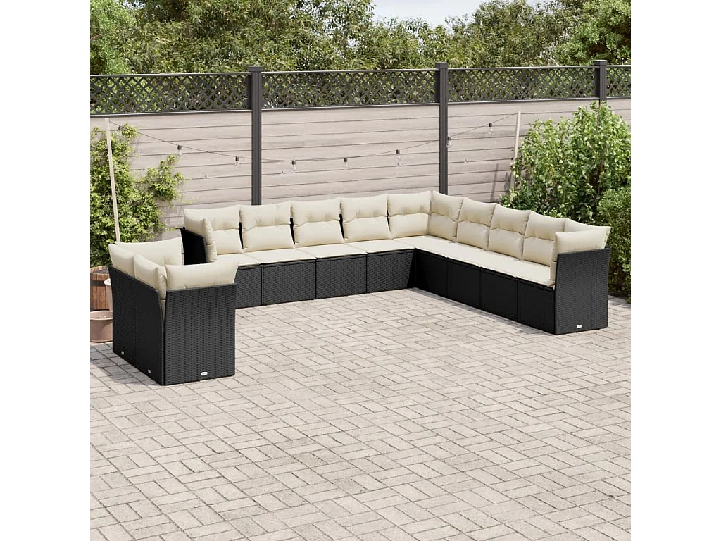 11-tlg. Garten-Sofagarnitur mit Kissen Schwarz Poly Rattan