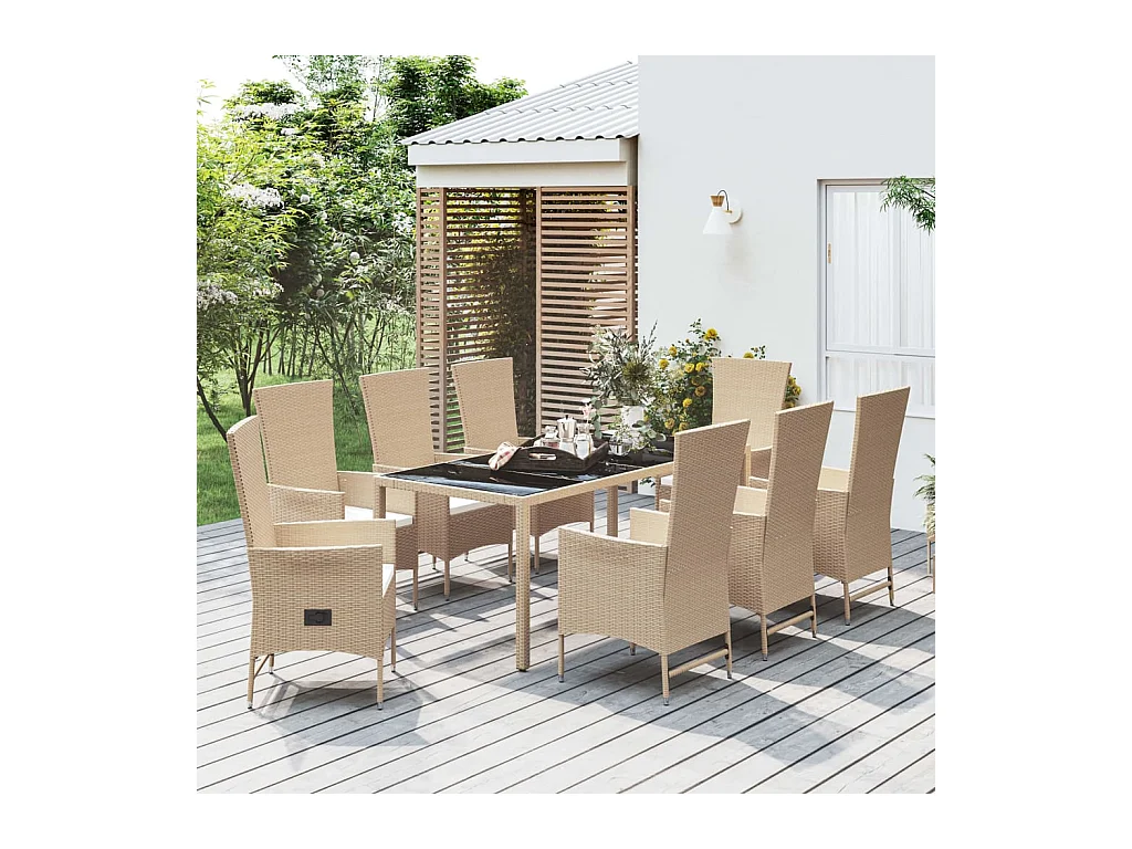 Ensemble à manger de jardin et coussins 9 pcs beige Poly rotin