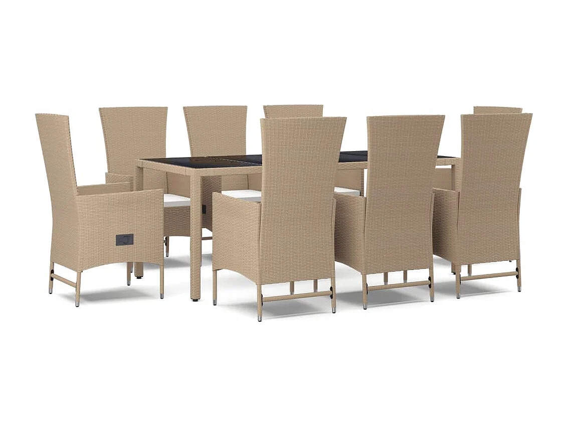 Ensemble à manger de jardin et coussins 9 pcs beige Poly rotin