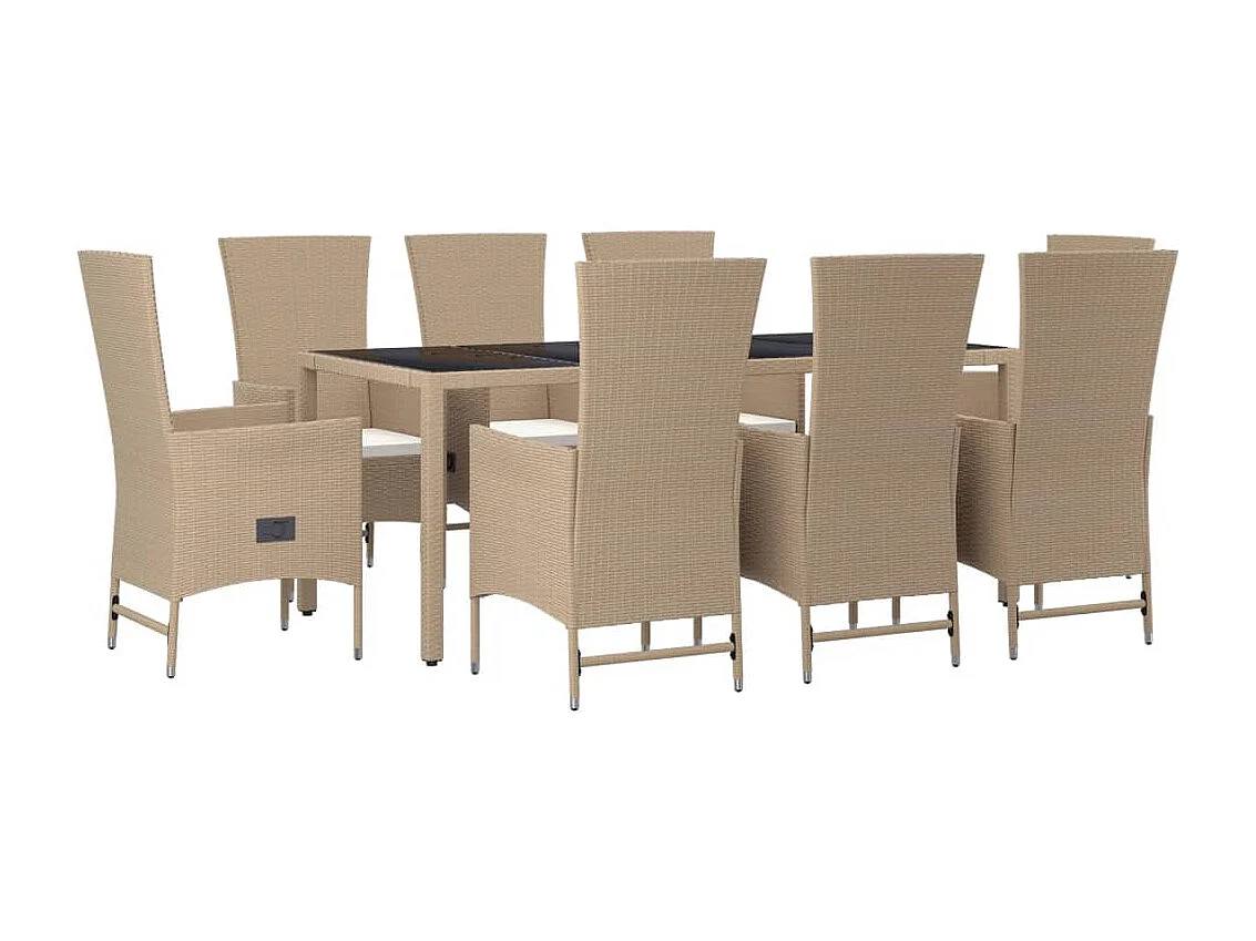Ensemble à manger de jardin et coussins 9 pcs beige Poly rotin