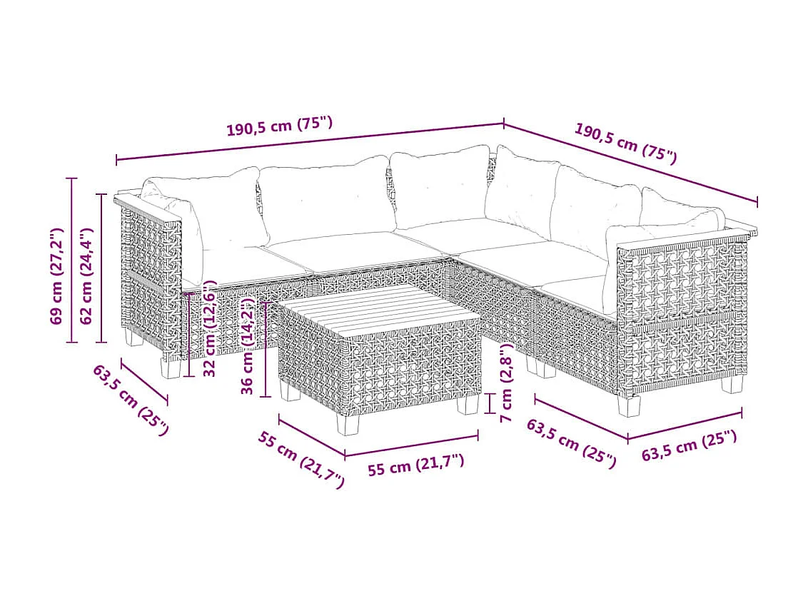 Set Divano da Giardino 6 pz con Cuscini Grigio in Polyrattan