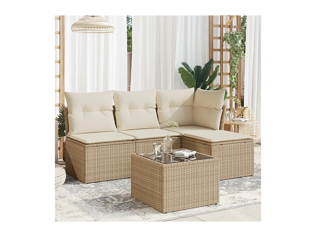 Salon de jardin avec coussins 5 pcs beige résine tressée