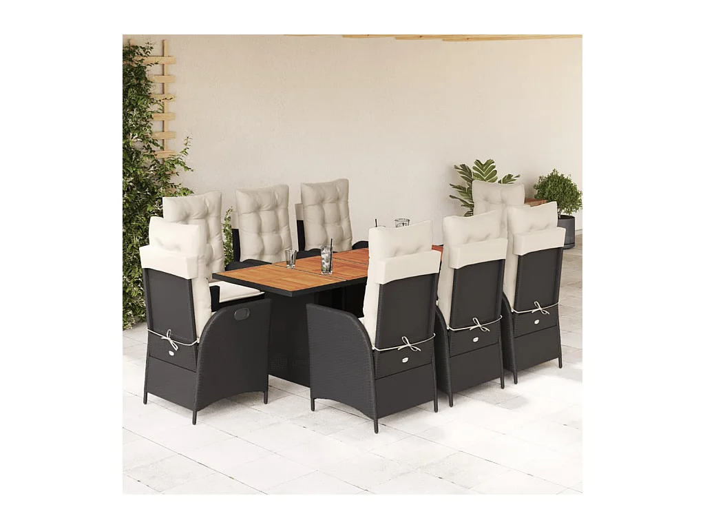 Set da Pranzo da Giardino 9 pz con Cuscini Nero in Polyrattan