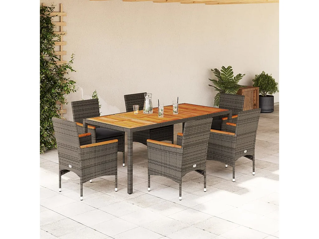 Ensemble à manger de jardin et coussins 7 pcs gris rotin acacia