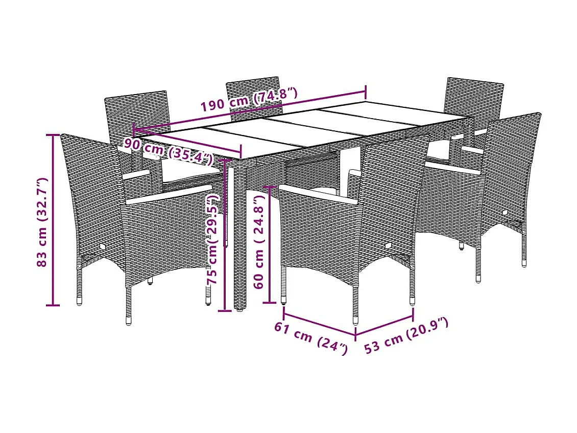 Ensemble à manger de jardin et coussins 7 pcs gris rotin acacia