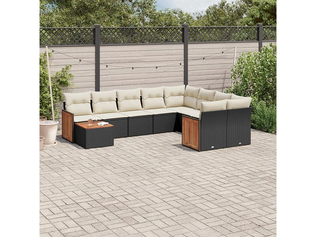 10-delige Loungeset met kussens poly rattan zwart
