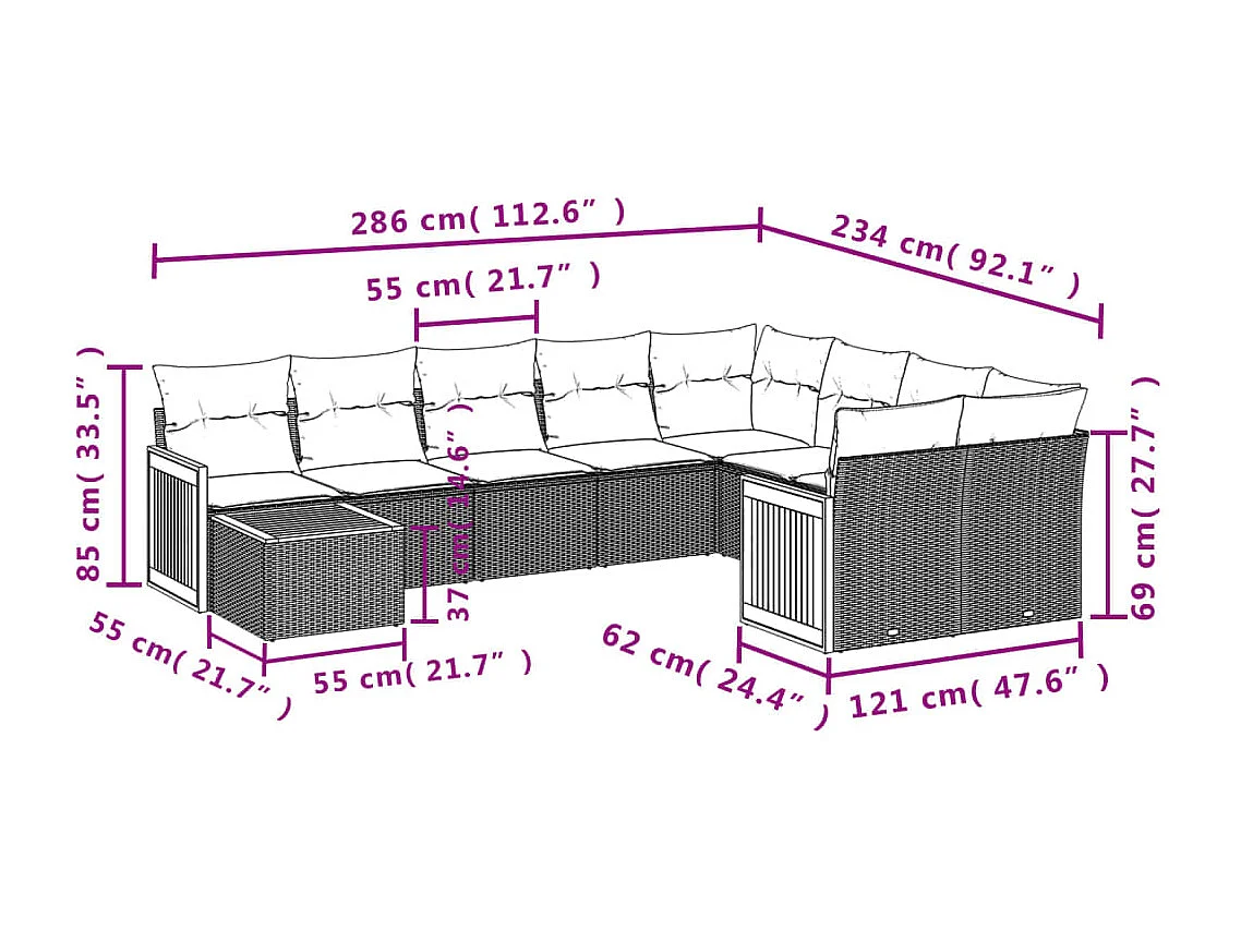 10-delige Loungeset met kussens poly rattan zwart
