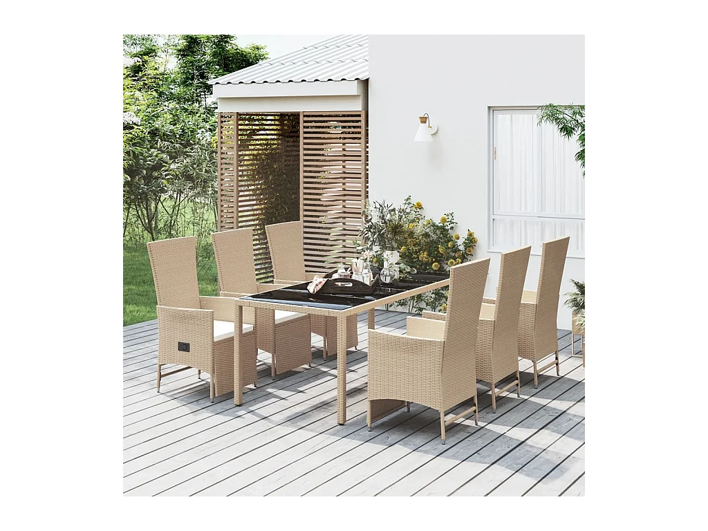 Set da Pranzo da Giardino 7 pz con Cuscini Beige in Polyrattan