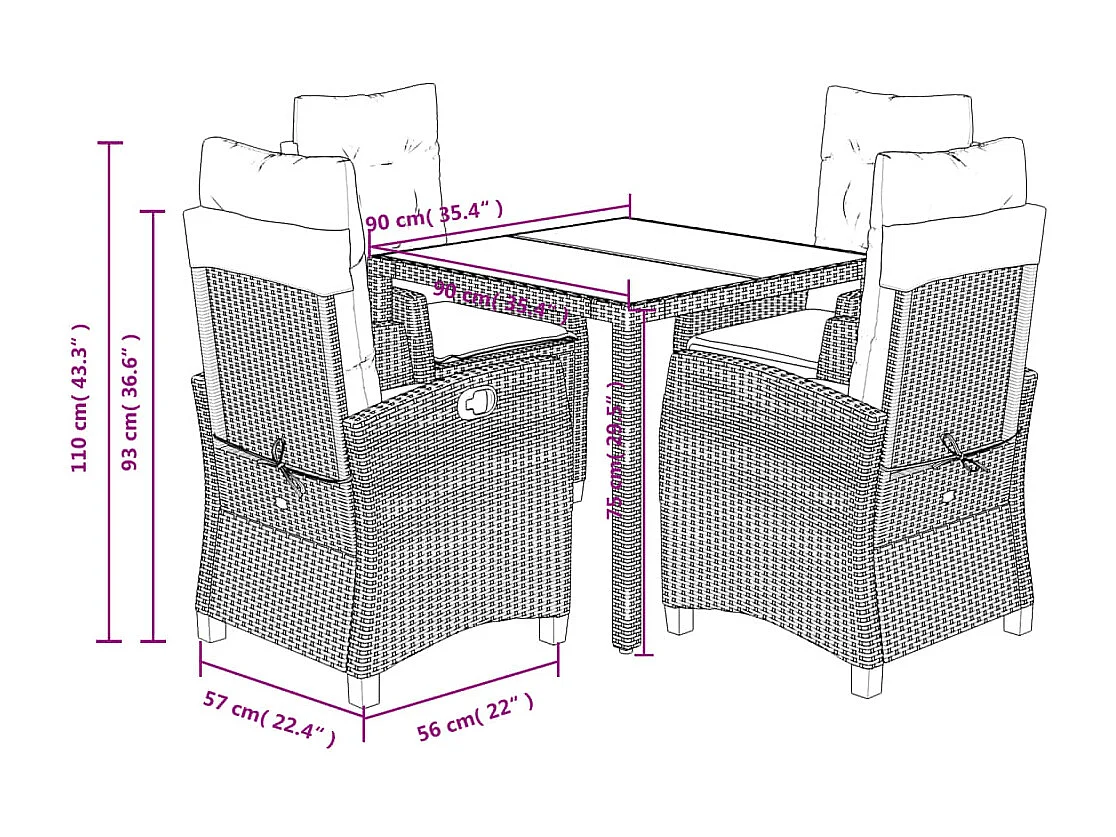 Ensemble à manger de jardin 5 pcs coussins gris résine tressée