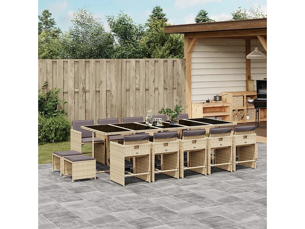 15-tlg. Garten-Essgruppe mit Kissen Beigemischung Poly Rattan