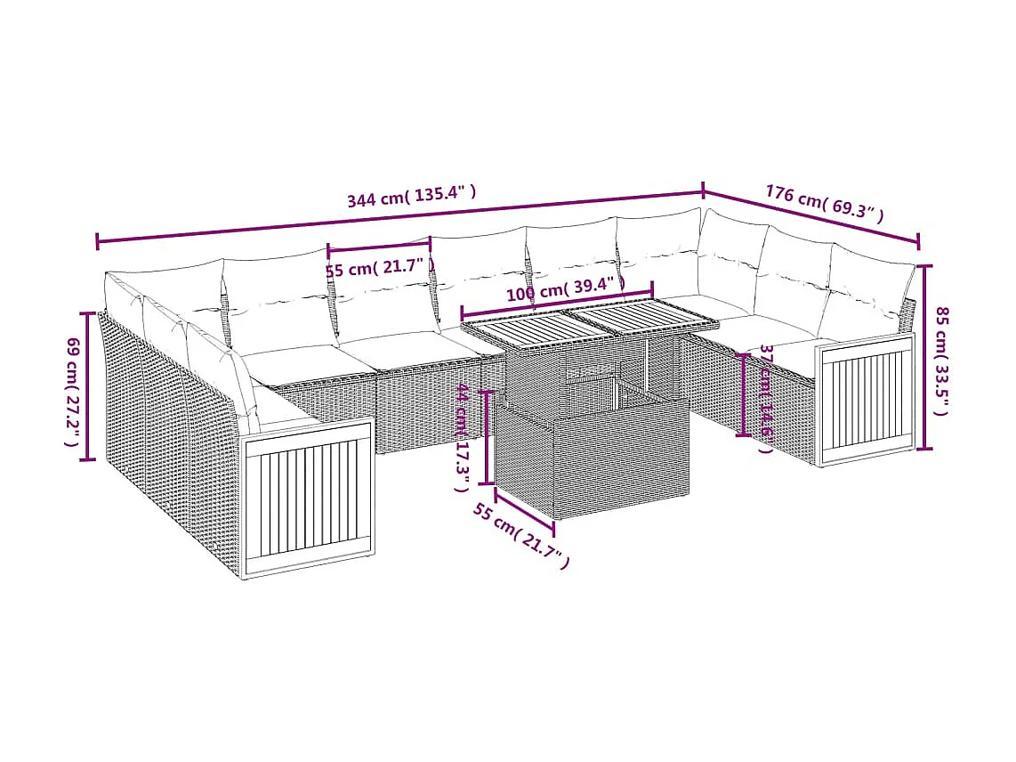 11-delige Loungeset met kussens poly rattan grijs