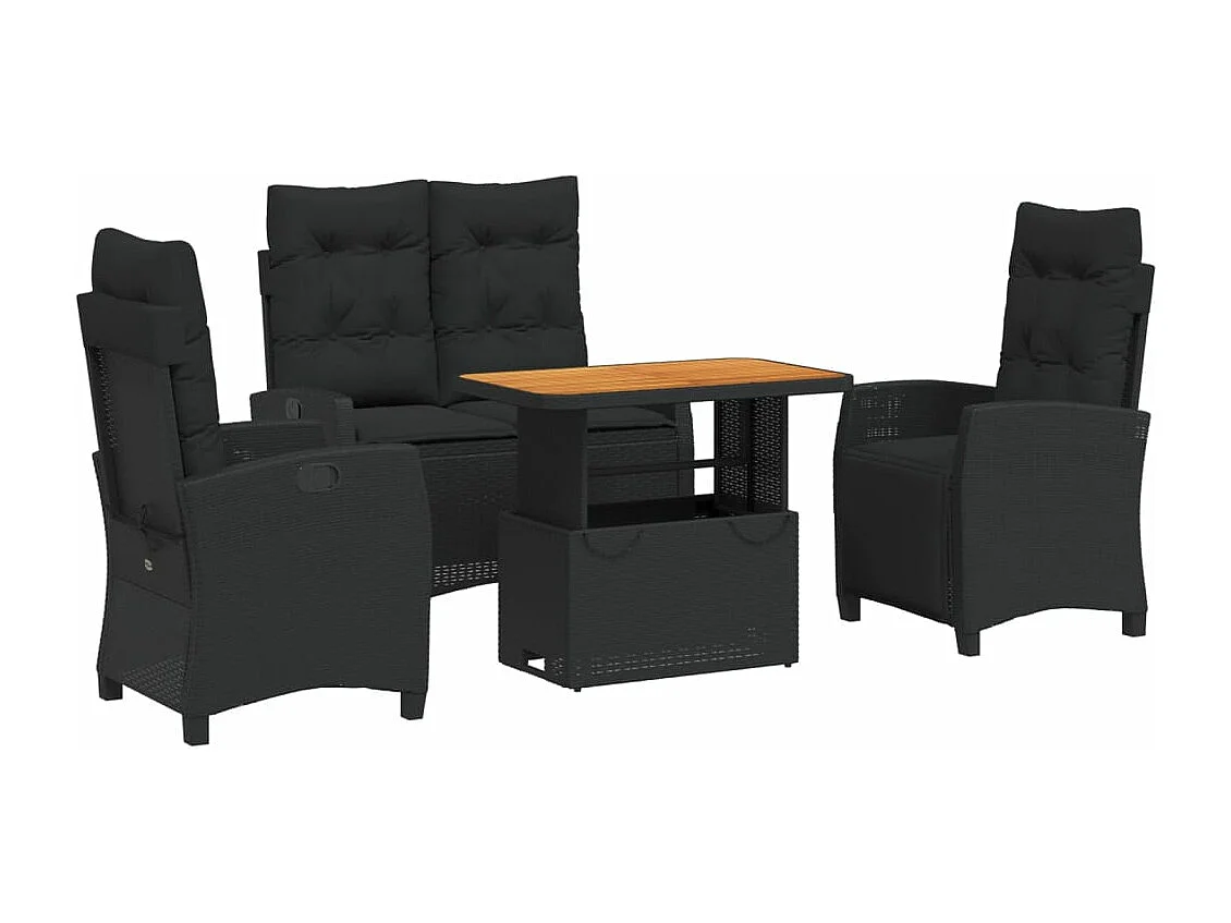 4-delige Tuinset met kussens poly rattan zwart