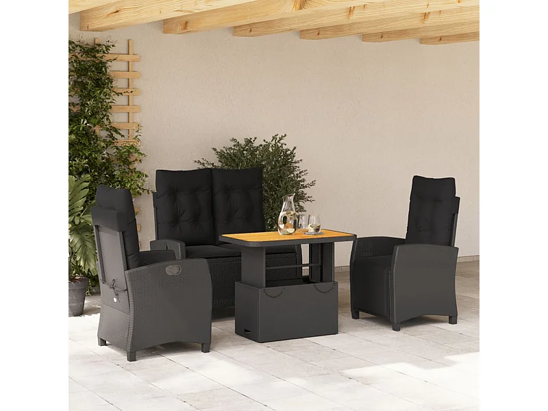 4-delige Tuinset met kussens poly rattan zwart