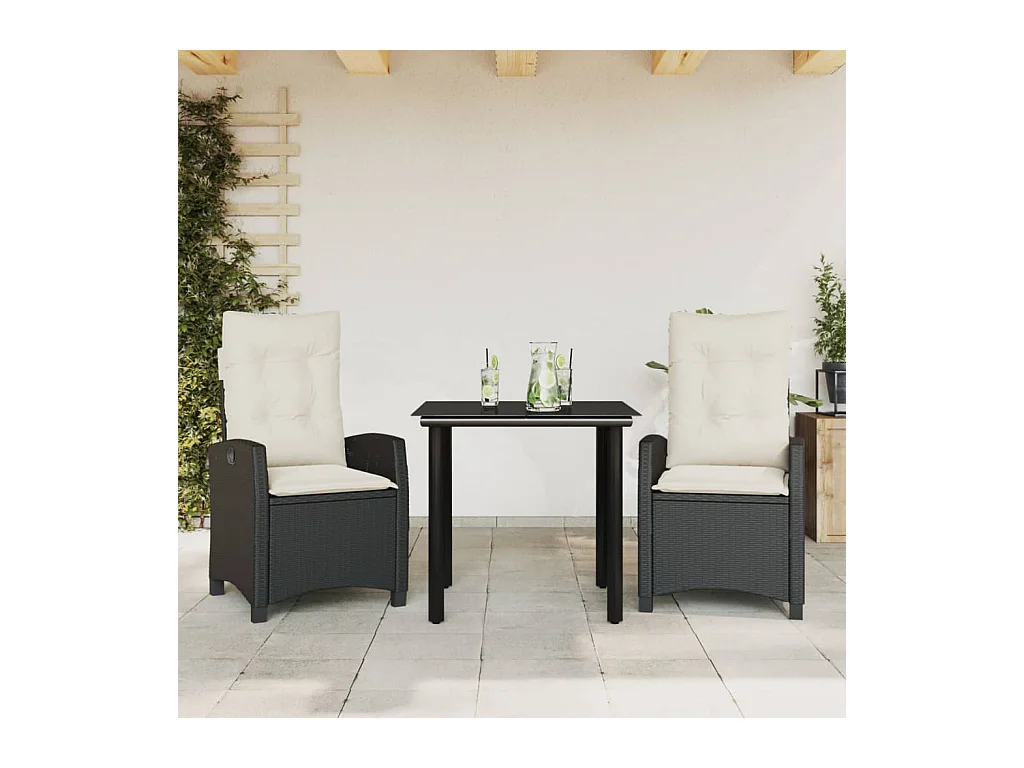 Set comedor de jardín 3 pzas con cojines ratán sintético negro