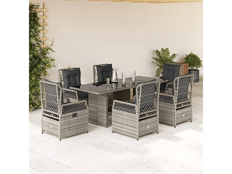 Set comedor jardín 7 pzas y cojines ratán sintético gris