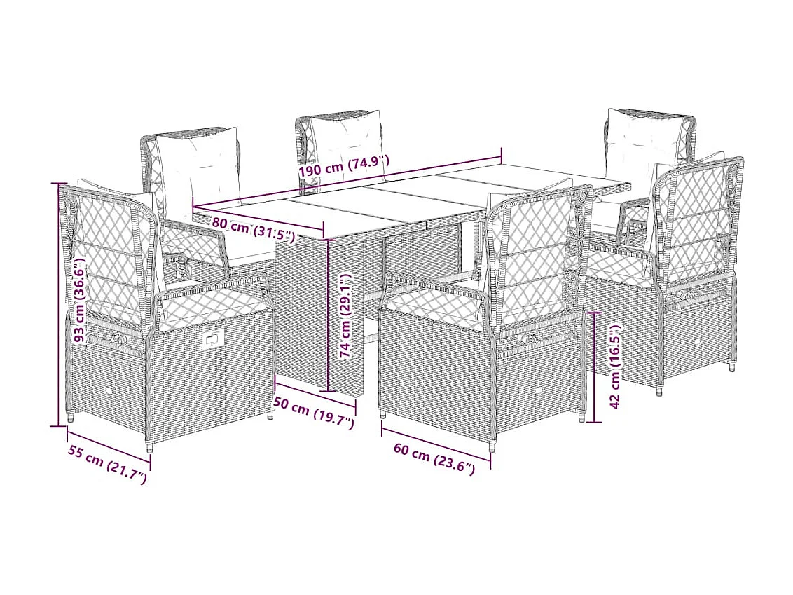 Set comedor jardín 7 pzas y cojines ratán sintético gris