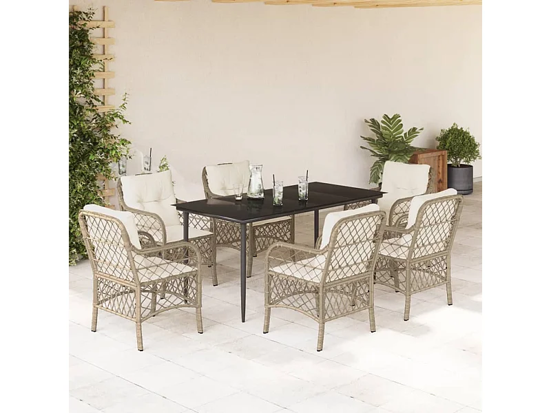 Ensemble à manger de jardin et coussins 7 pcs beige poly rotin