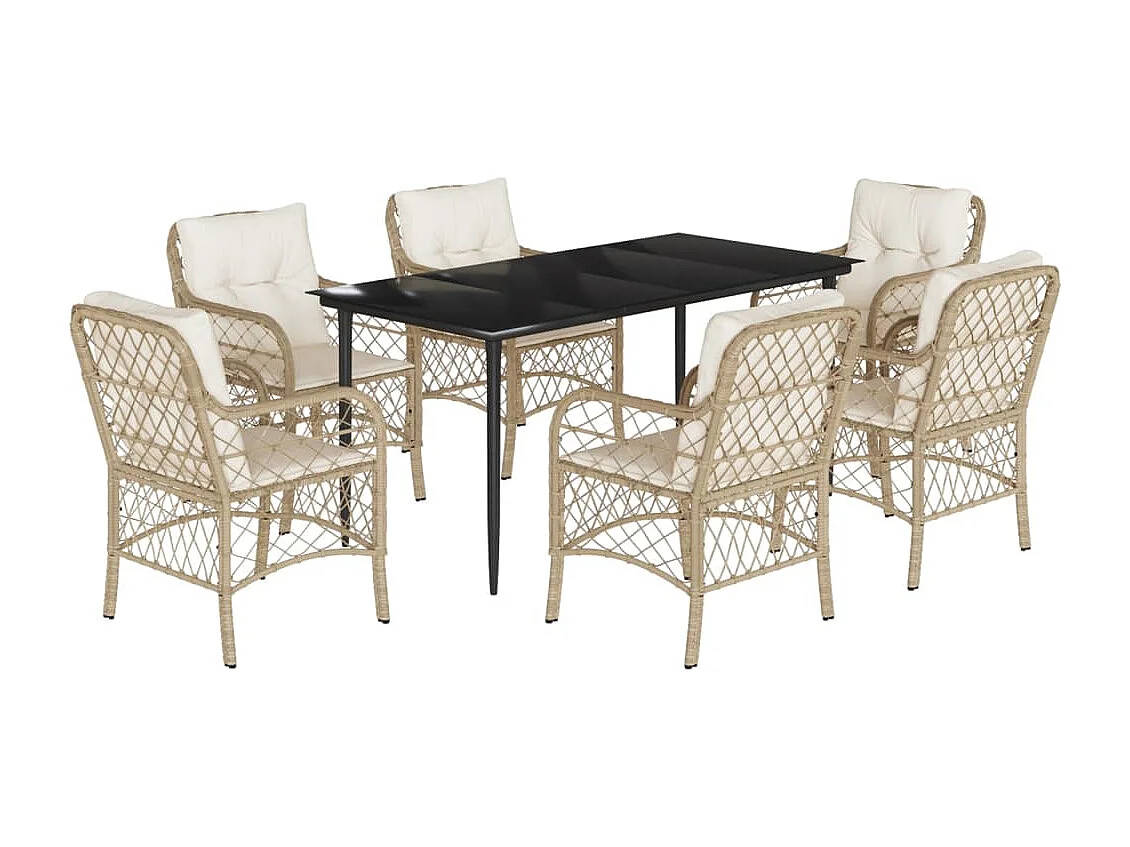 Ensemble à manger de jardin et coussins 7 pcs beige poly rotin