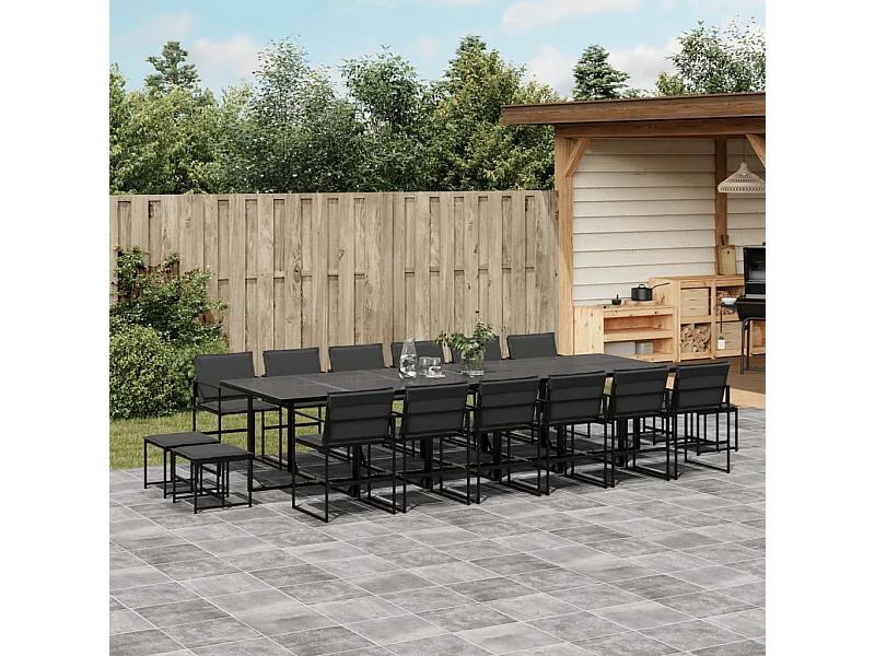 17 pcs conj. de jantar p/ jardim c/ almofadões textilene preto