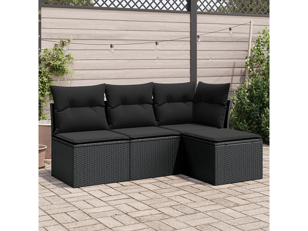 Salon de jardin 4 pcs avec coussins noir résine tressée